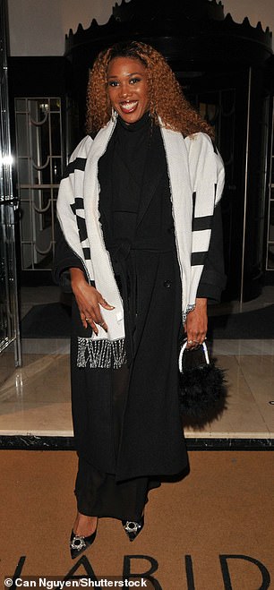 Gladiators star Montell Douglas opted for a black dress with matchingjacket and heels.