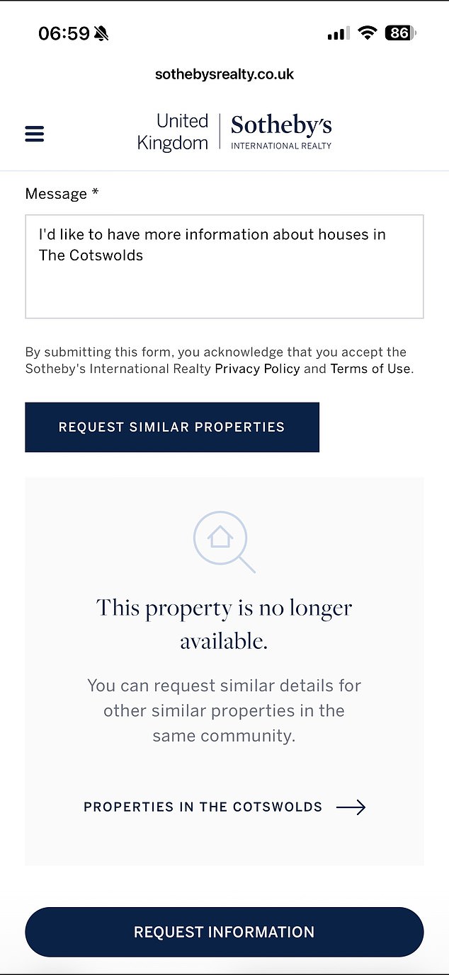 A source familiar with the sale explained to the Daily Mail: 'There is firm interest at the moment in Kitesbridge which is why it has vanished from the website for the moment'
