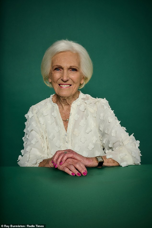 In a photo shoot from the magazine, Mary Berry smiled in a textured blouse