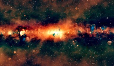 a radio-light, edge-on view of the Milky Way, artificially colored to show lower-frequency waves in red and higher-frequency waves in blue, shows a line of bright red and orange light with scattered blue bubbles