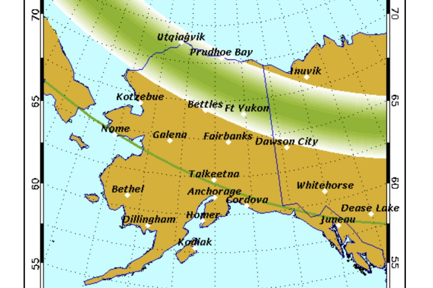 A map showing a band of green, which represents where you're most likely to see the aurora