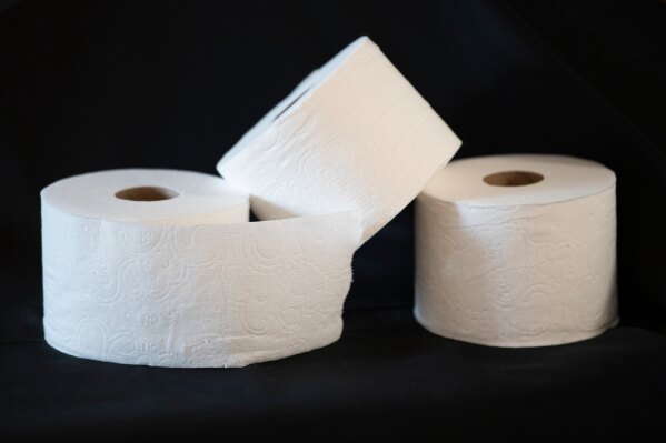 This photo shows stacked toilet paper in Arlington, Va., Jan. 3, 2026. (AP Photo/Michael Phillis)