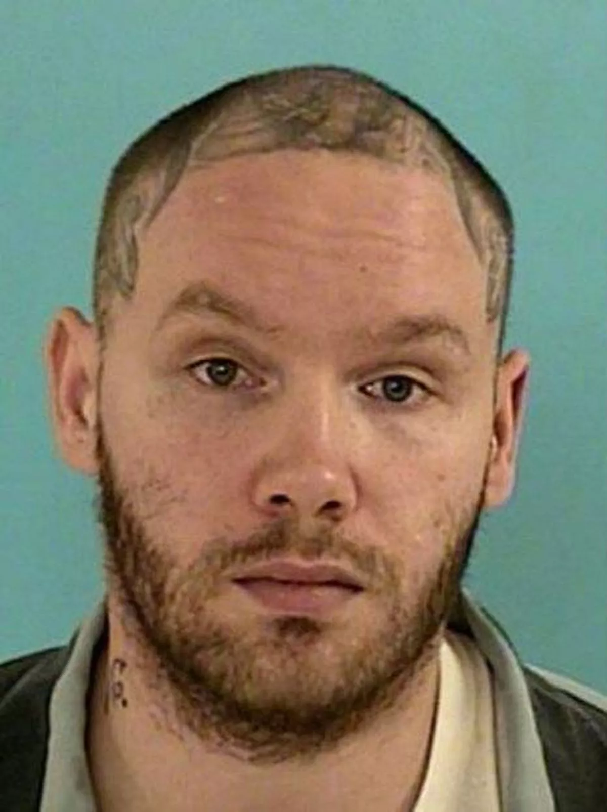 A close-up portrait of an individual with a neatly trimmed beard and mustache, looking directly at the camera, set against a plain blue background.