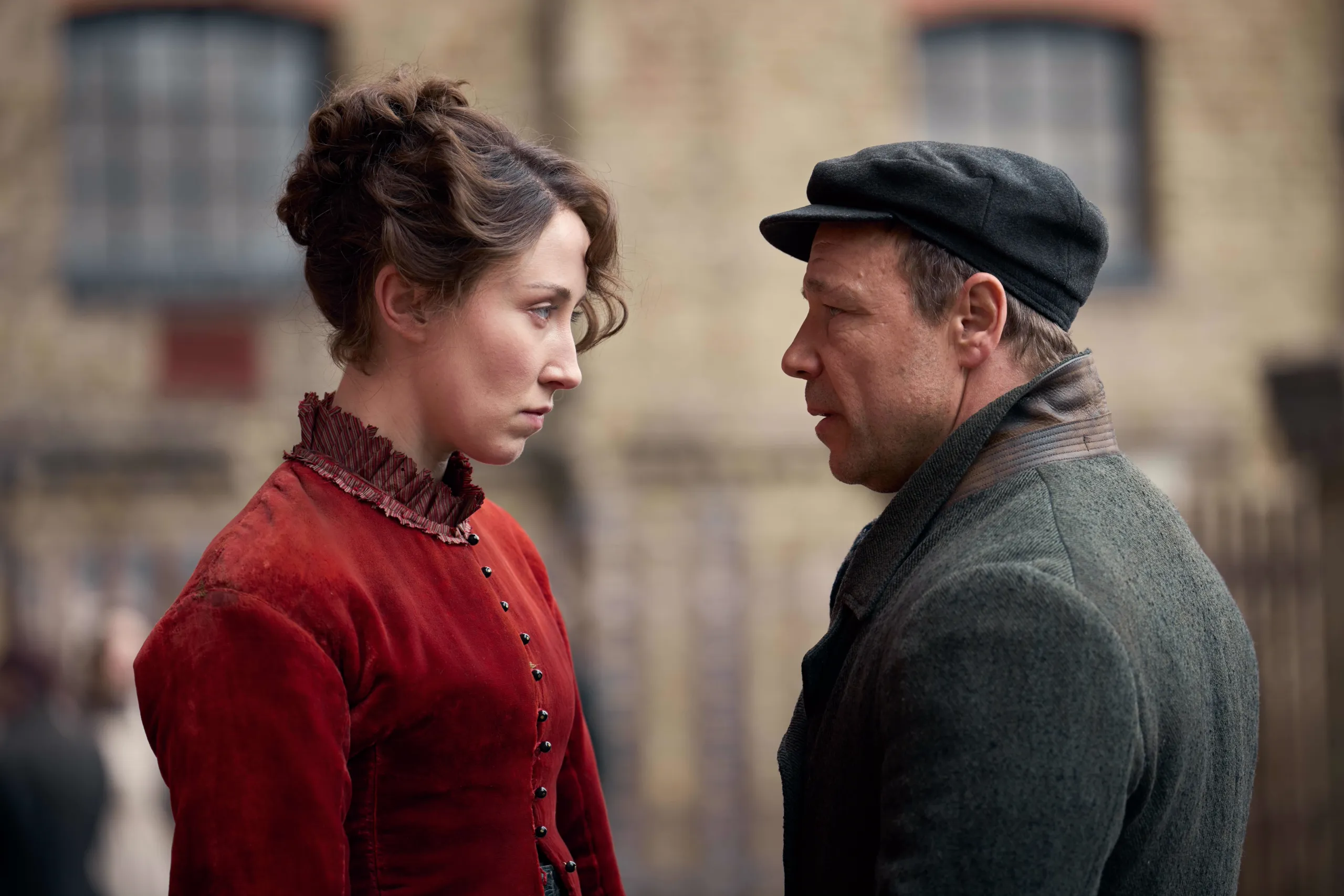 This image is a promotional photo from the British historical drama series A Thousand Blows, starring actors Erin Doherty and Stephen Graham. The series is set in 1880s London and explores the world of illegal bare-knuckle boxing and an all-female crime syndicate. 