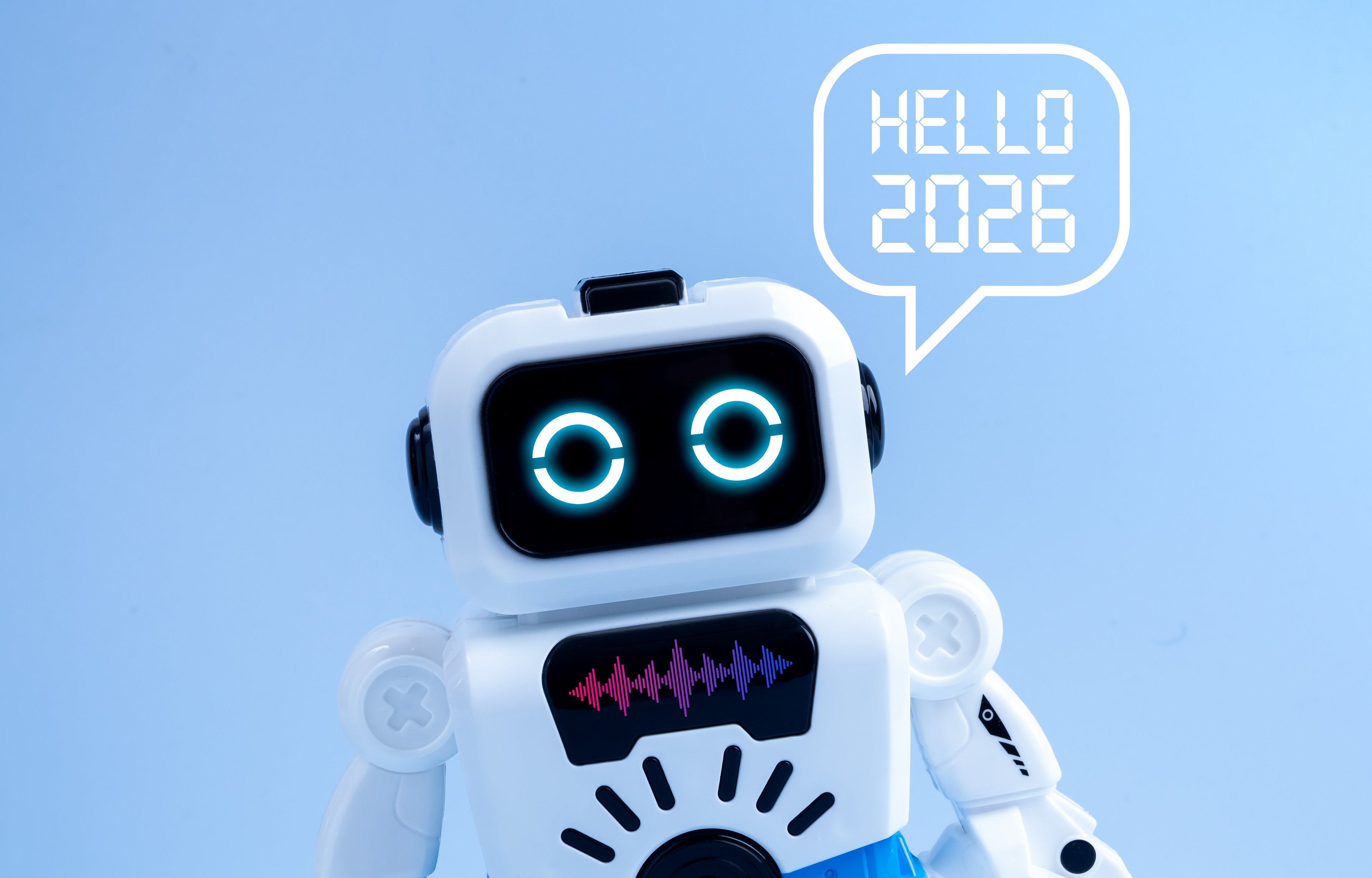 A robot says "Hello 2026". 