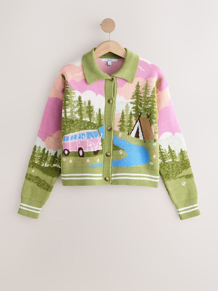 Multi Bright Camper Scene Landscape Collar Cardigan Multi Bright Camper Scene Landscape Collar Cardigan
