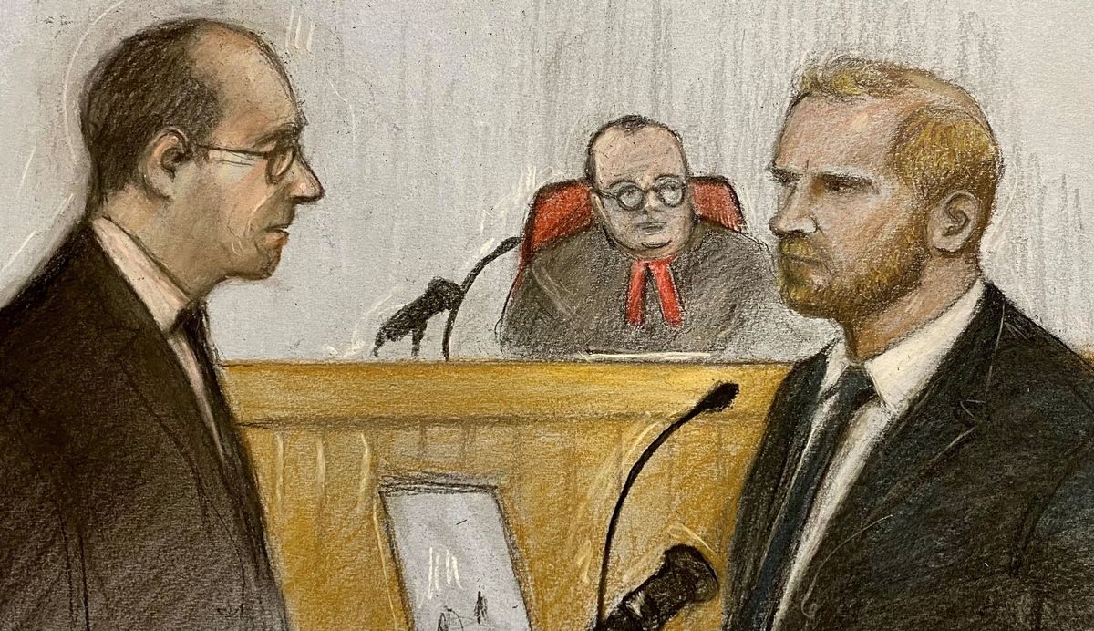 Court artist sketch by Elizabeth Cook of the Duke of Sussex (right) being questioned by Antony White KC