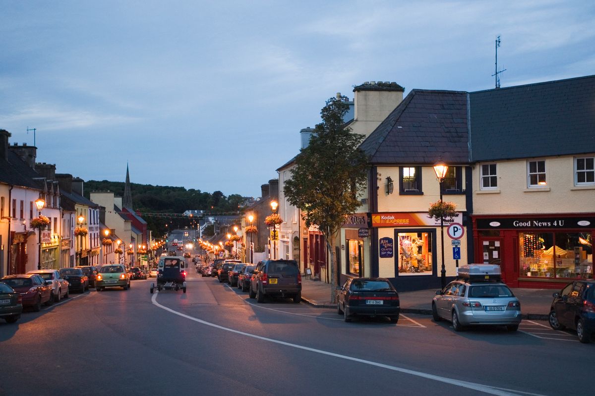 Westport at night with streetlights lighting up the small town