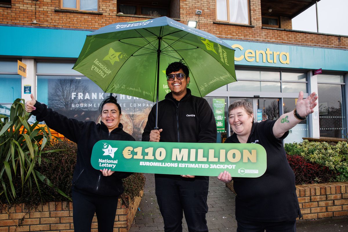 27 January 2026 - Staff at the Centra Store, Coolock Lane, Santry, Dublin 9 from left to right are Sarah Flynn, Anthony Jobin and Charlotte McCullough, assistant manager, were thrilled to hear that their store sold the winning Euromillions Match 5 ticket which saw one player win €31,075.