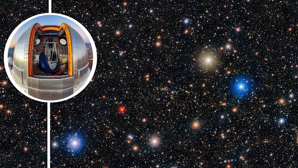  (Main) the colliding galaxy clusters that comprise the bullet cluster as seen by DECam(Inset) the Victor M. Blanco Telescope home of DECam. 