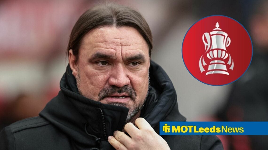 Daniel Farke with FA Cup logo in circular inset.