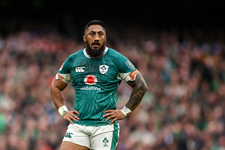 Bundee Aki during the 2025 Six Nations match between Ireland and France at the Aviva Stadium in Dublin. Photo by Seb Daly/Sportsfile