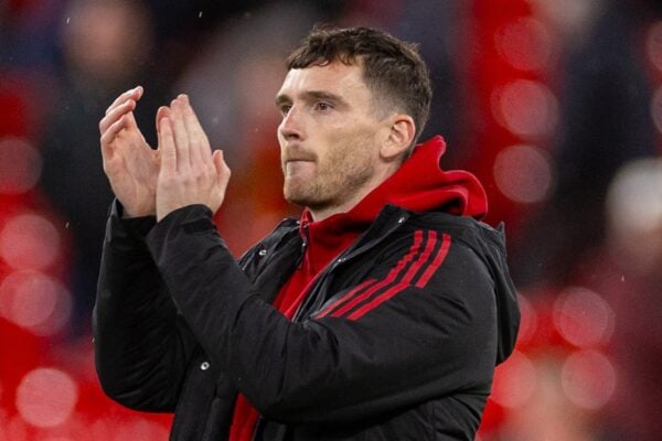 LIVERPOOL, ENGLAND - Wednesday, October 29, 2025: Liverpool's Andy Robertson applauds the supporters after the Football League Cup 4th Round match between Liverpool FC and Crystal Palace FC at Anfield. Palace won 3-0. (Photo by David Rawcliffe/Propaganda)