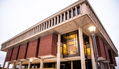 exterior of Milner Library as sun sets