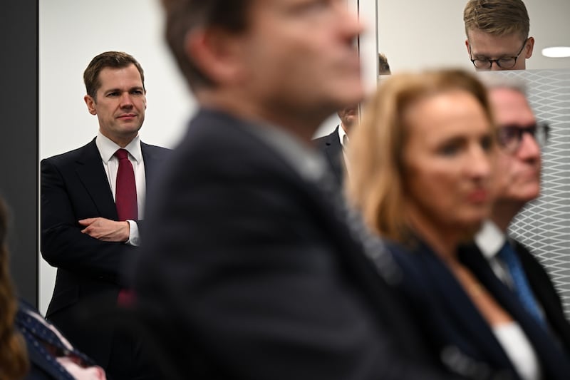 Reform UK MP Robert Jenrick, a recent Tory defector, looks on as Suella Braverman speaks to the media. Photograph: Leon Neal/Getty Images