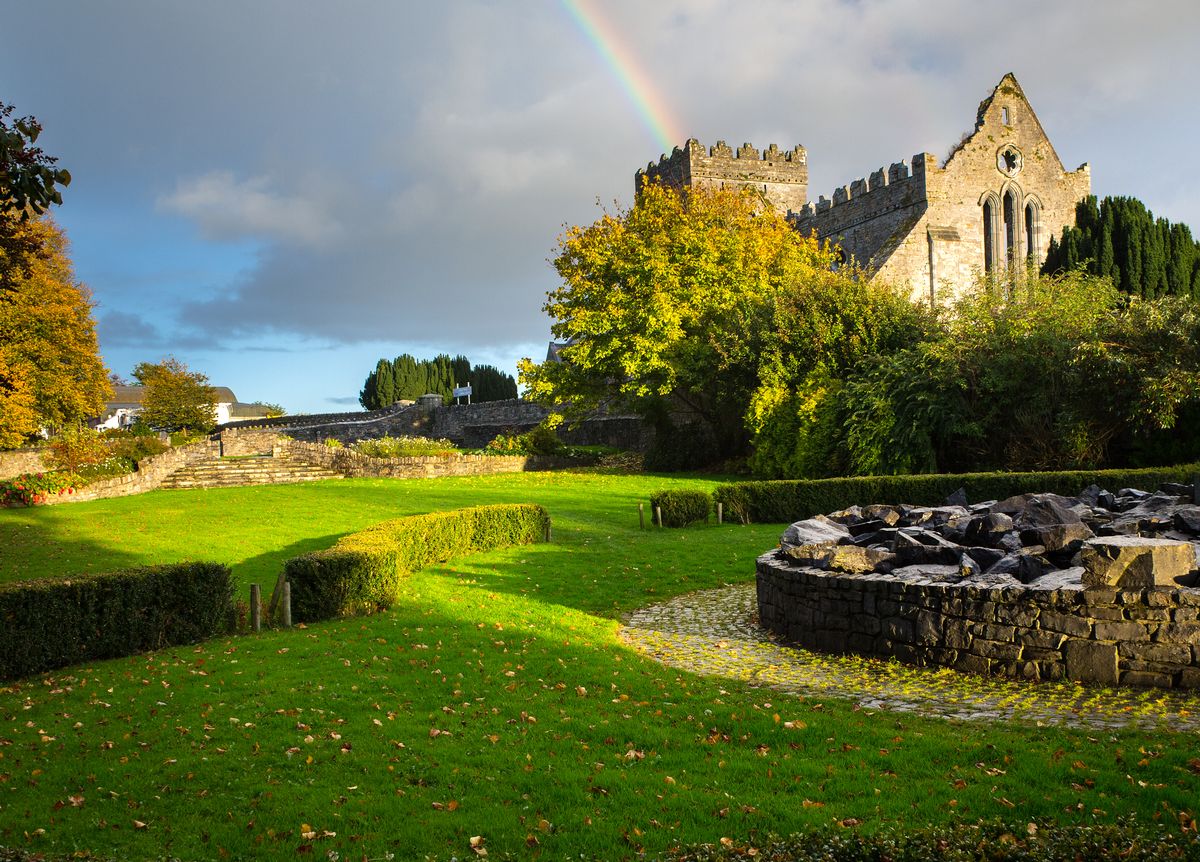 "The ruins of an old abbey in County Kilkenny, Ireland after one of many showers with a beautiful rainbow."