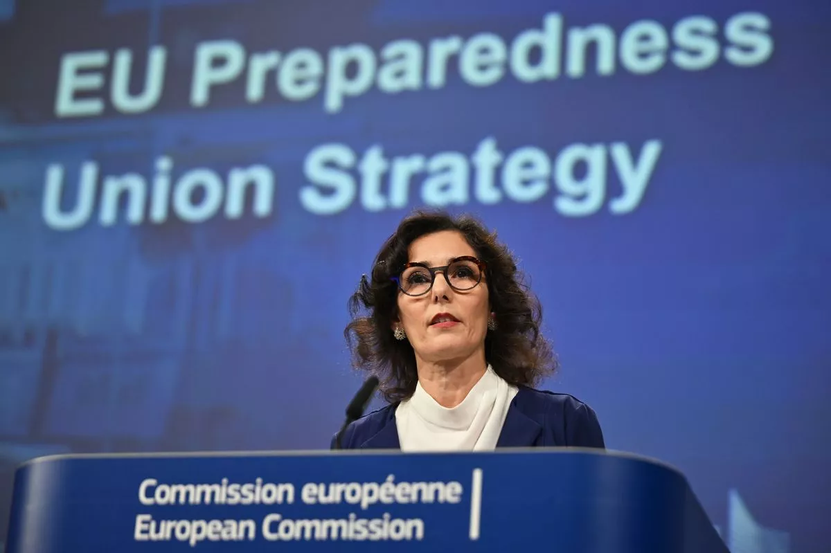 March 26, 2025 - European Commissioner for Preparedness and Crisis Management Hadja Lahbib hold a press conference in Brussels, Belgium urging all EU citizens to start stockpiling essentials 