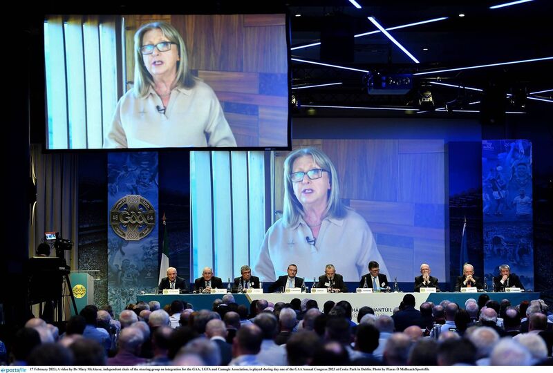 A video by Dr Mary McAleese, independent chair of the steering group on integration for the GAA, LGFA and Camogie Association, is played during day one of the GAA Annual Congress 2023 at Croke Park in Dublin. Photo by Piaras Ó Mídheach/Sportsfile