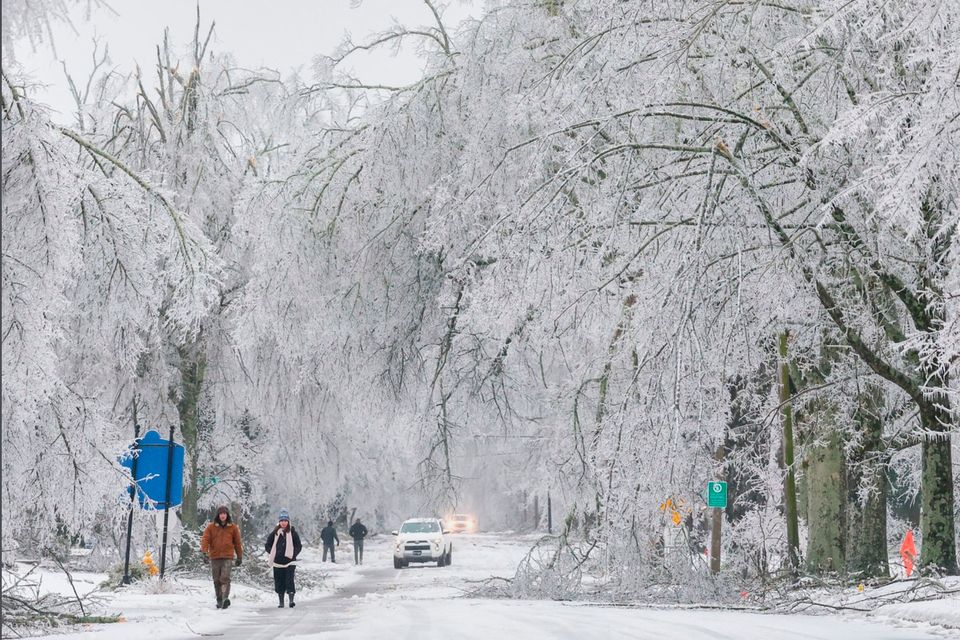 In this image provided by the City of Oxford, Miss., snow and ice cover trees and streets as a winter storm passes through, Sunday, Jan. 25, 2026, in Oxford, Miss. (Josh McCoy/City of Oxford, Miss. via AP)