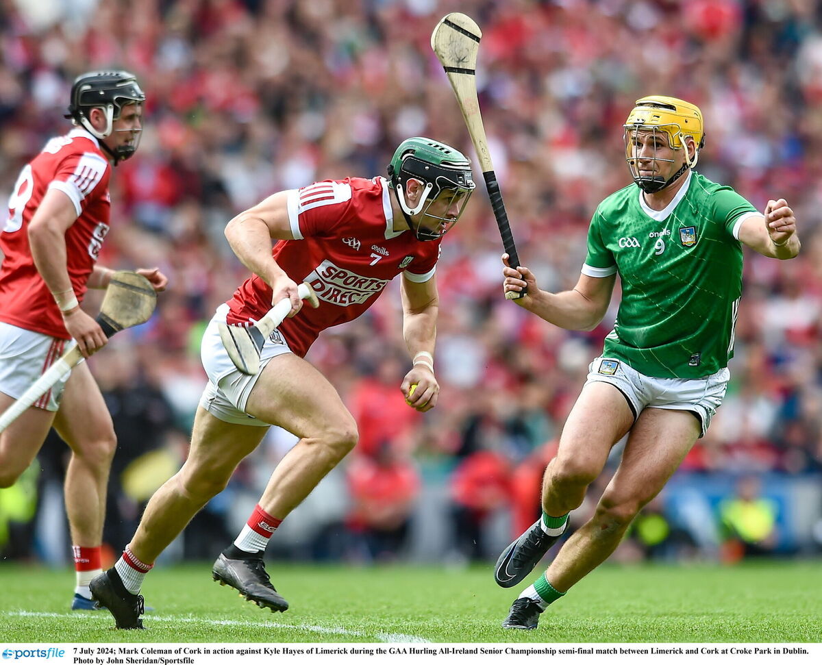 Mark Coleman of Cork in action against Kyle Hayes of Limerick during the GAA Hurling All-Ireland Senior Championship semi-final match between Limerick and Cork at Croke Park in Dublin in 2024. Picture: John Sheridan/Sportsfile