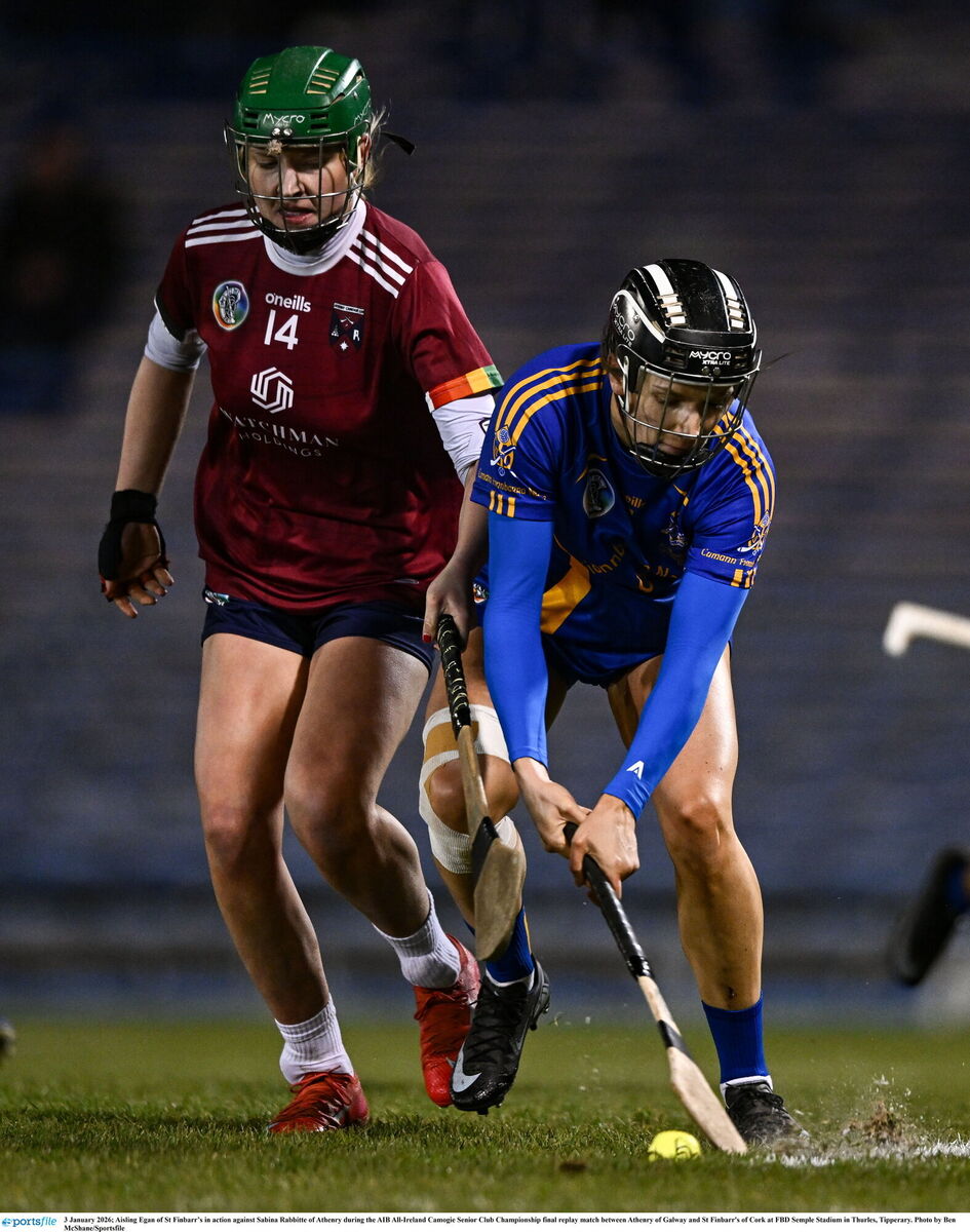 Aisling Egan of St Finbarr’s in action against Sabina Rabbitte of Athenry during the AIB All-Ireland Camogie Senior Club Championship final replay match between Athenry of Galway and St Finbarr's of Cork at FBD Semple Stadium in Thurles, Tipperary. Photo by Ben McShane/Sportsfile