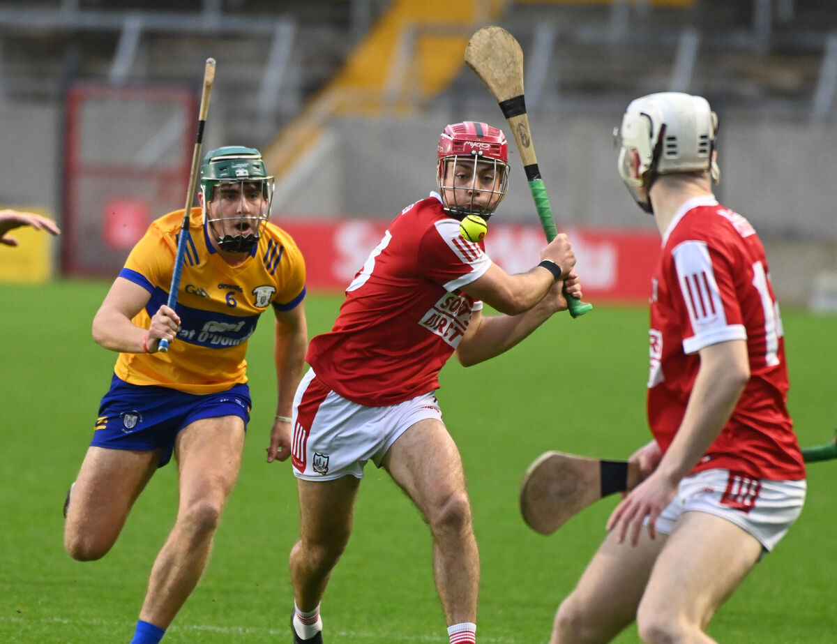 Cork's William Buckley shoots from Clare's James Hegarty during the oneills.com Munster under 20 hurling championship at SuperValu Pairc Ui Chaoimh in 2024. Picture: Eddie O'Hare