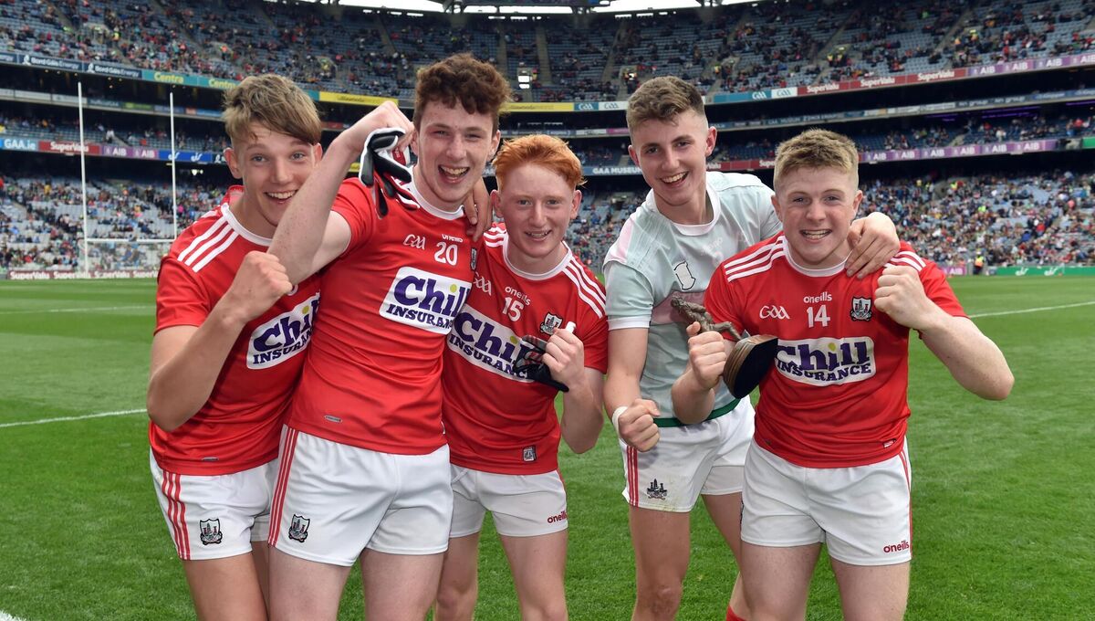 Cork players Darragh Cashman, Luke Murphy, Jack Cahalane, Conor Corbett and Patrick Campbell celebrate in 2019. Picture: Eddie O'Hare