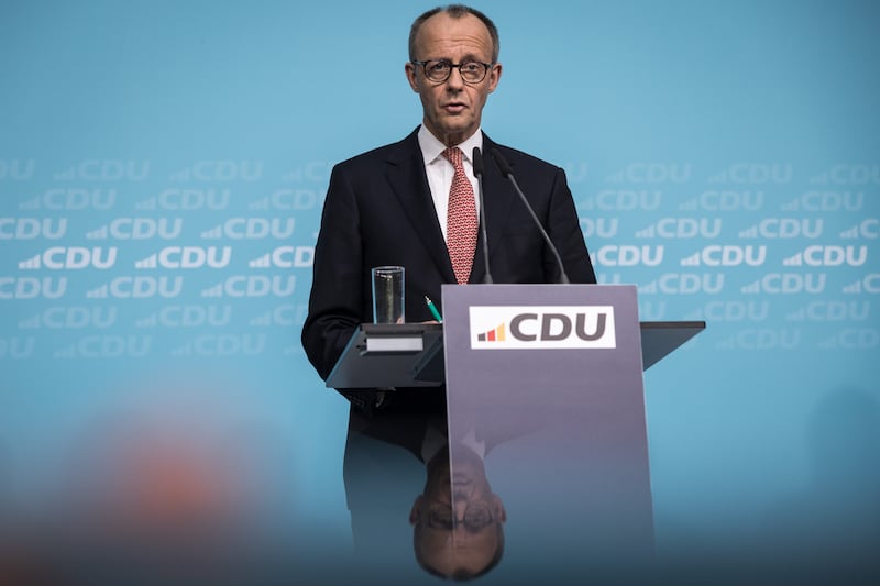 German chancellor and leader of the German Christian Democrats (CDU) Friedrich Merz speaks at CDU headquarters to the media on Monday in Berlin, Germany. 
Photograph: Nadja Wohlleben/Getty Images