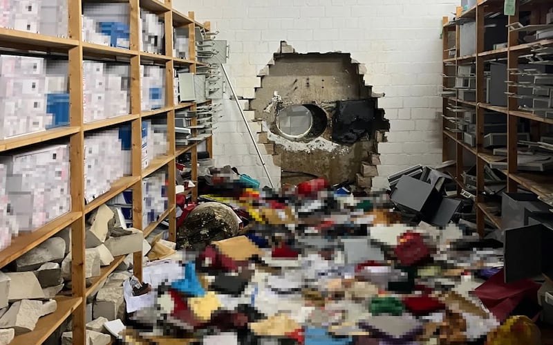 An image released by police in Gelsenkirchen shows a hole drilled by thieves into the vault of a German savings bank.