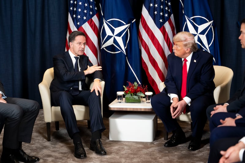 Nato secretary general Mark Rutte speaks during a meeting with US president Donald Trump on the sidelines of the World Economic Forum in Davos on Wednesday. Photograph: Doug Mills/The New York Times
                      