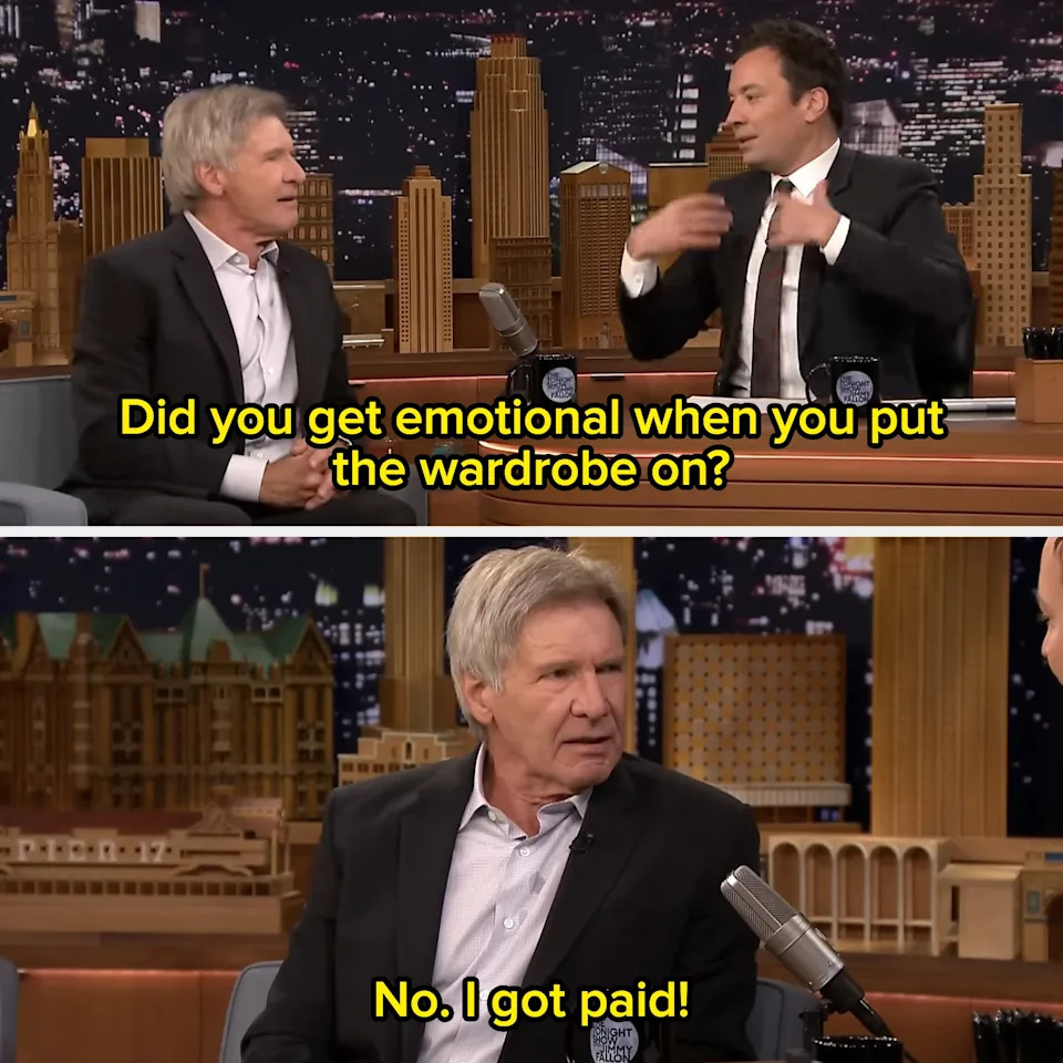 Talk show hosts having a conversation. One asks if another got emotional wearing a wardrobe. The other replies with humor that they got paid