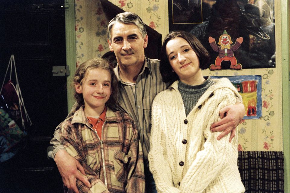 Jim Bartley on the Fair City set with screen daughters Suzanne (left, played by Sarah MacDowall) and Yvonne (played by Alex MacDowall, Sarah's real-life sister)