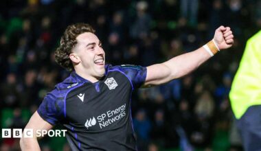 Josh McKay celebrates scoring a try for Glasgow Warriors