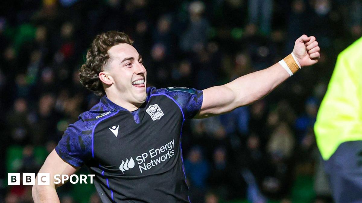 Josh McKay celebrates scoring a try for Glasgow Warriors