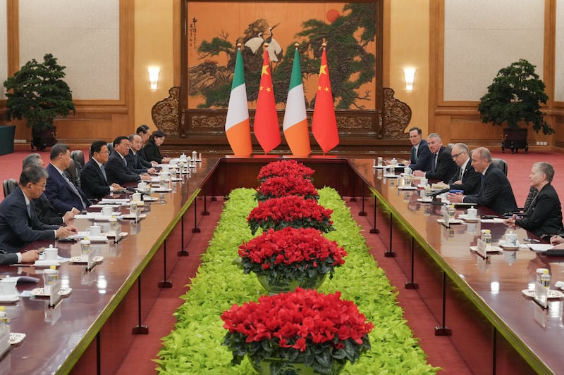 Taoiseach Micheál Martin speaks to China's president Xi Jinping during a bilateral meeting at the Great Hall of the People in Beijing. Photograph: Andy Wong/AFP via Getty Images
