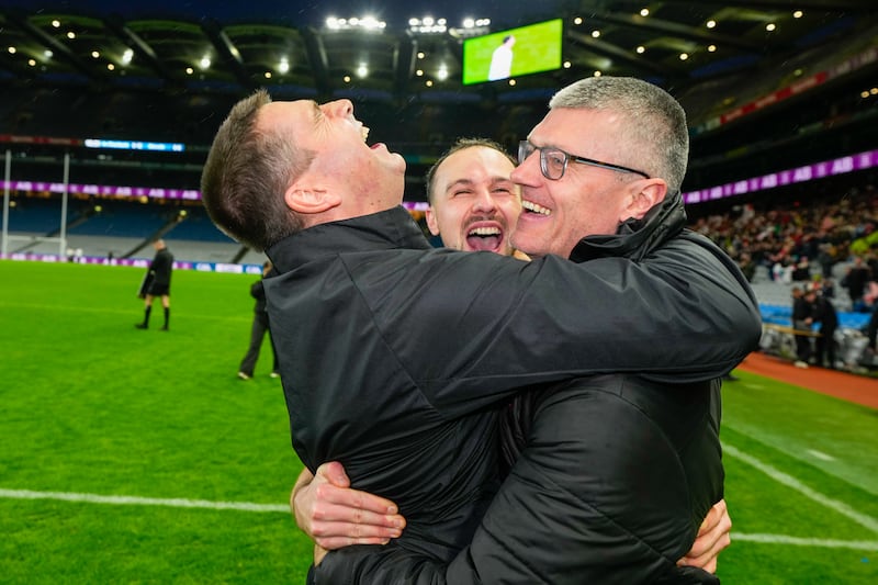 An Ghaeltacht manager Fergal Ó Sé victory with his backroom team/ Photograph: James Lawlor/Inpho