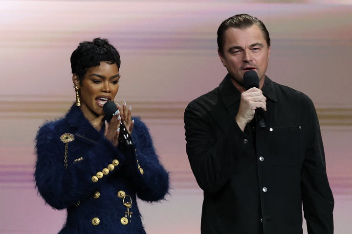 Teyana Taylor, left, and Leonardo DiCaprio discussed their film "One Battle After Another" during the CinemaCon 2025 Warner Bros Pictures presentation in Las Vegas last May.