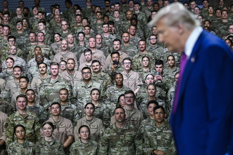 US president Donald Trump arrives to address troops at the Al-Udeid air base southwest of Doha on May 15th, 2025. Photograph: Brendan Smialowski/AFP via Getty          
