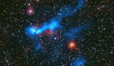 A series of blue cloudy shapes against a starry background, with bright stars shining in red and pink amidst the background