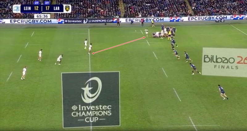 Nolann Le Garrec's pass is to an incredibly deep, and wide, first receiver. Note the depth of the entire La Rochelle attack, giving Leinster's blitz more work to rush up
