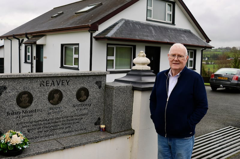Eugene Reavey outside the family home in Whitecross, Co Armagh, which was targeted by loyalist gunmen