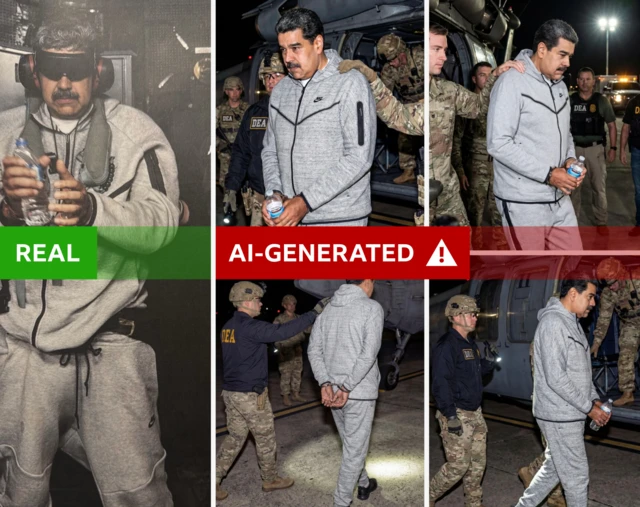 The real image shared by Trump on the left and four AI-generated images with a red label on the right