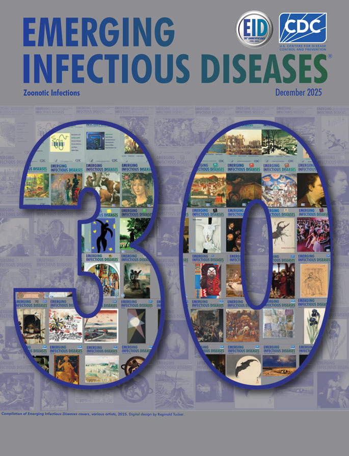 Compilation of Emerging Infectious Diseases covers, various artists, 2025. Digital design by Reginald Tucker.
