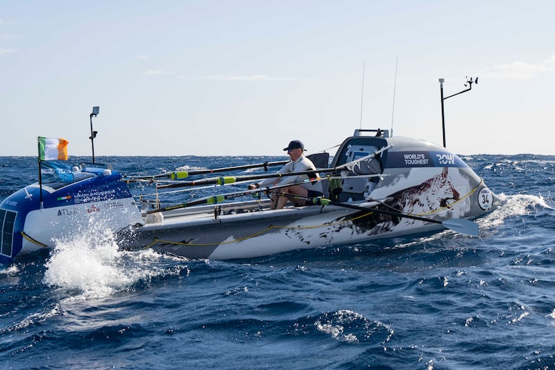 MacLoughlin at sea in his row boat. Photograph: World's Toughest Row