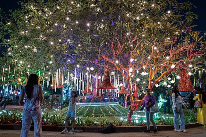An illuminated sea promenade during New Year's Eve in Mumbai. Photograph: Punit PARANJPE / AFP via Getty Images