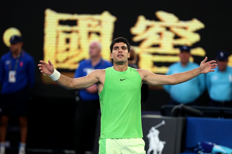 Spain's Carlos Alcaraz celebrates victory over Germany's Alexander Zverev. Photograph: Martin Keep/AFP via Getty