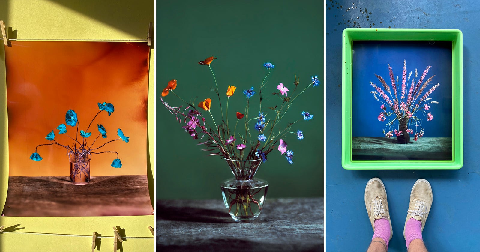 Three images: a vibrant orange-toned photo of blue flowers, a glass vase with colorful wildflowers on a dark green background, and a framed blue floral photo on the floor with a person’s feet visible in socks and shoes.