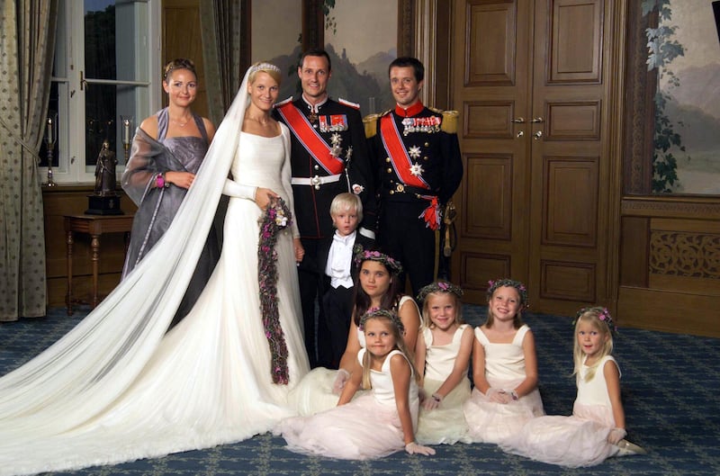 Newlyweds Prince Haakon, second right, and Mette-Marit, second left, with four-year-old Marius Borg, standing, in August 2001. Photograph: Getty
