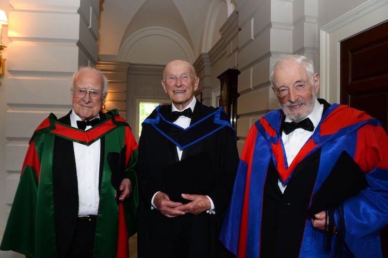 Professor Peter Higgs (left), who discovered the Higgs Boson, author JP Donleavy (right) and Joe Veselsky at the conferral of honorary degrees at Trinity College Dublin in 2016. Photograph: Cyril Byrne/The Irish Times