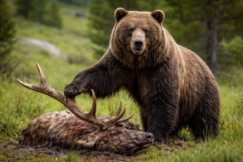 A large brown bear stands with one paw on a dead elk lying in grass, its fur stained with blood. The scene is in a green, forested area with blurred trees in the background.